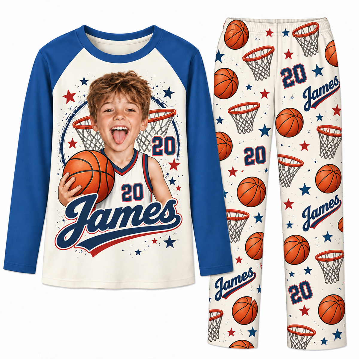 Custom Face Name & Number Cute Basketball Player Matching Family Christmas Pajamas