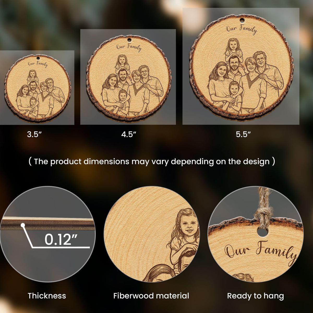 Custom Portrait Art Printed Wood Slice - Christmas Family Gifts - Personalized Ornament