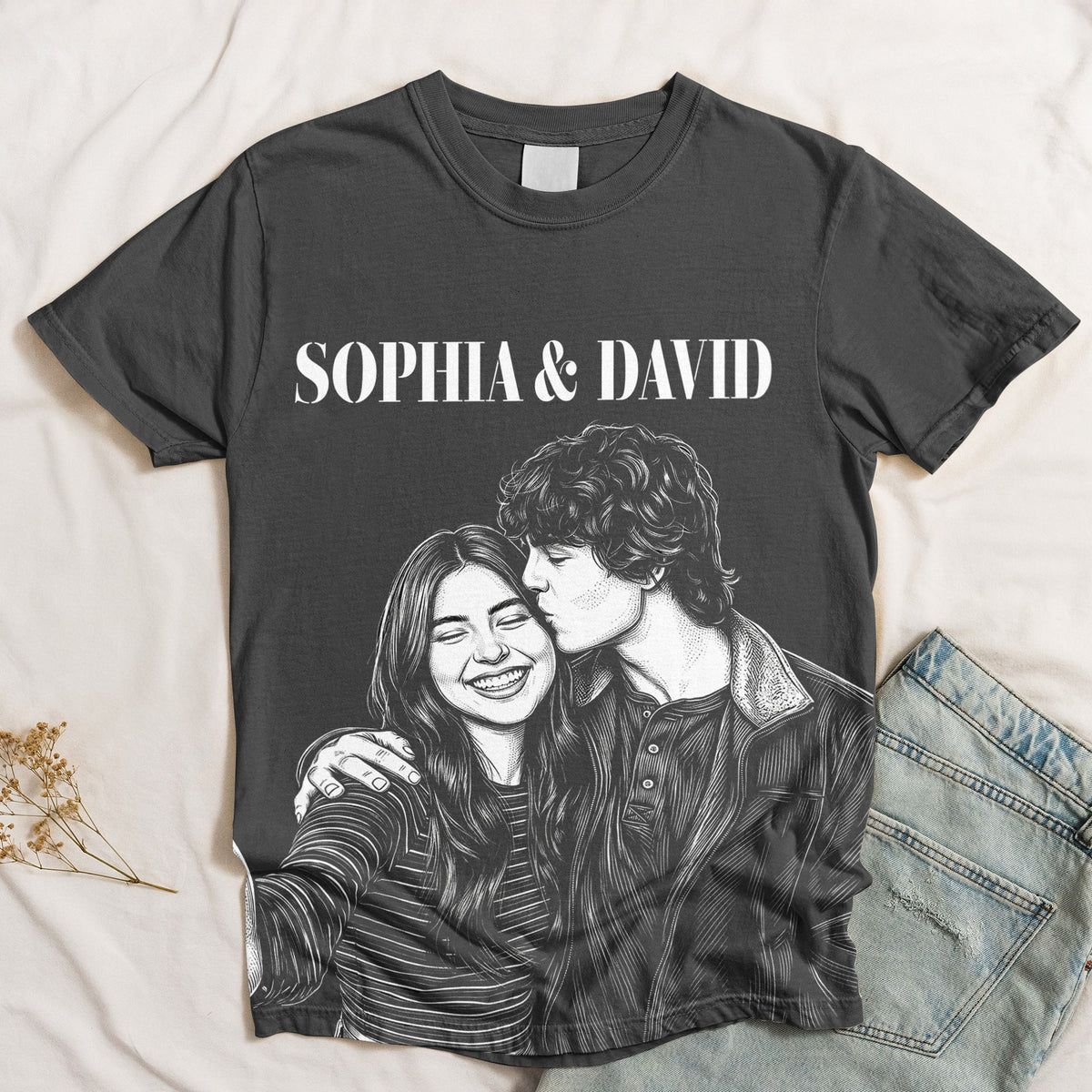 Custom Photo Couple Shirt Sketch Line Art Anniversary Gift For Her, Him- Personalized Shirt