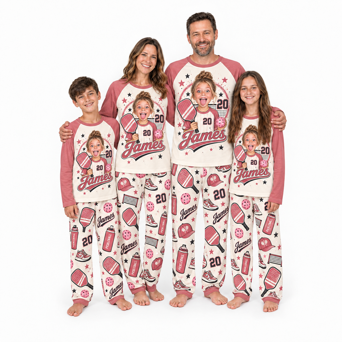 Custom Photo Name & Number Cute Pickleball Player Matching Family Pajamas