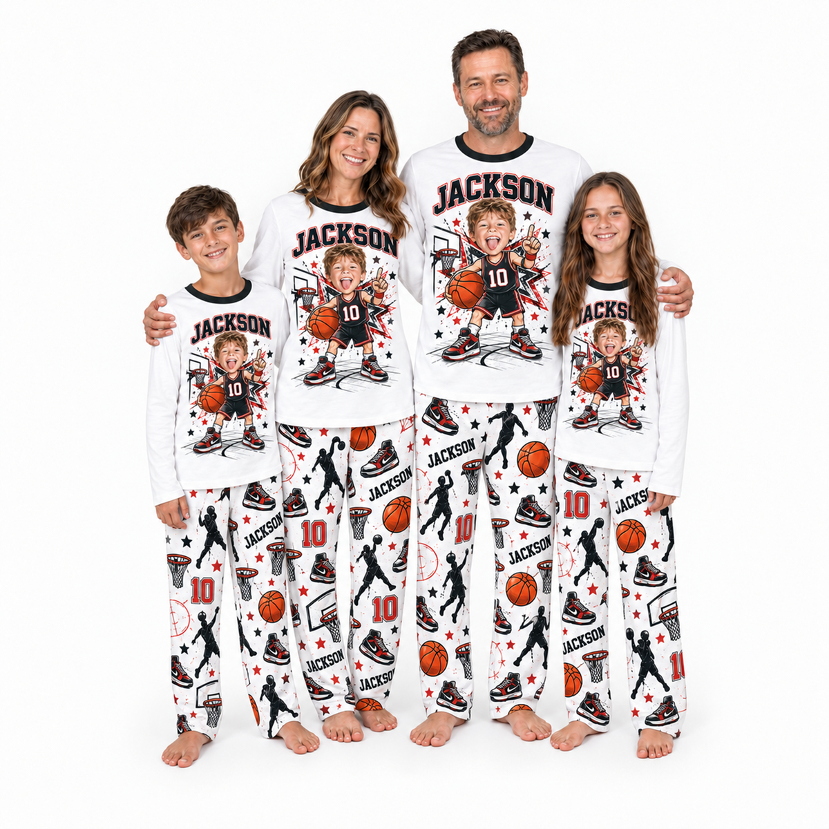 Custom Photo Name & Number Cute Basketball Player Matching Family Pajamas