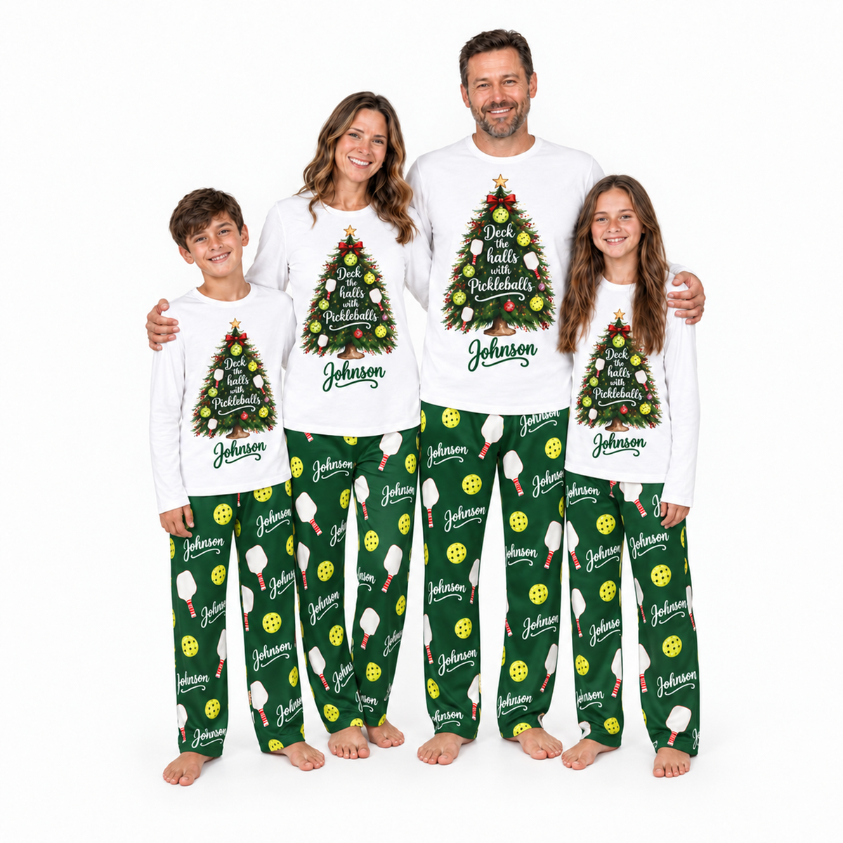 Personalized Family Name Festive Pickleball Christmas Tree Matching Family Christmas Pajamas