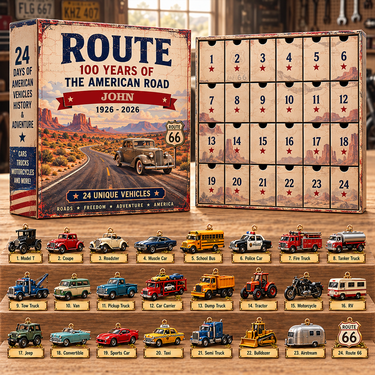 Personalized Route 66 Advent Calendar 2026, 24 Miniature Vehicles, Classic Car Christmas Gift for Men, Vintage Truck & Road Trip Lovers