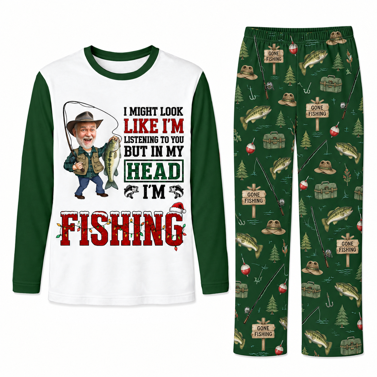 Funny Custom Face In My Head I'm Fishing Christmas Pyjama Set
