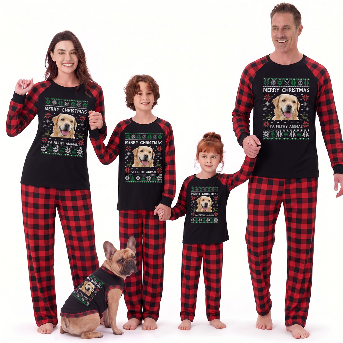 Custom Photo Merry Christmas Ya Filthy Animal Plaid Family Christmas Pajamas With Pet
