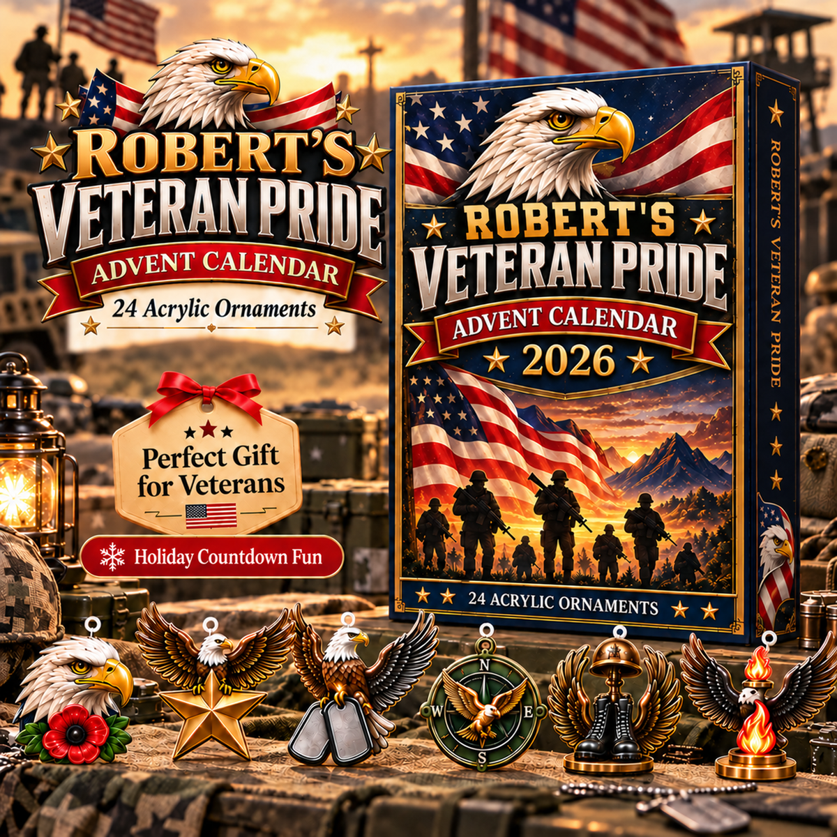 Personalized Veteran Pride Advent Calendar With Custom Name, 24 Acrylic Eagle Christmas Ornaments