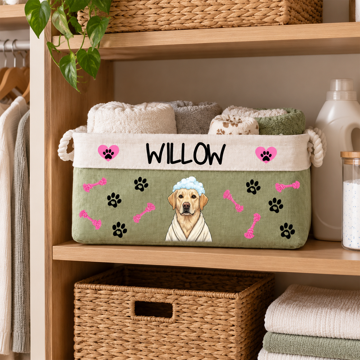 Personalized Fun Bath‑Robe Dog Photo Paw Bone Pattern Storage Basket with Name Pet Toy Organizing Birthday Gift for Dog Mom