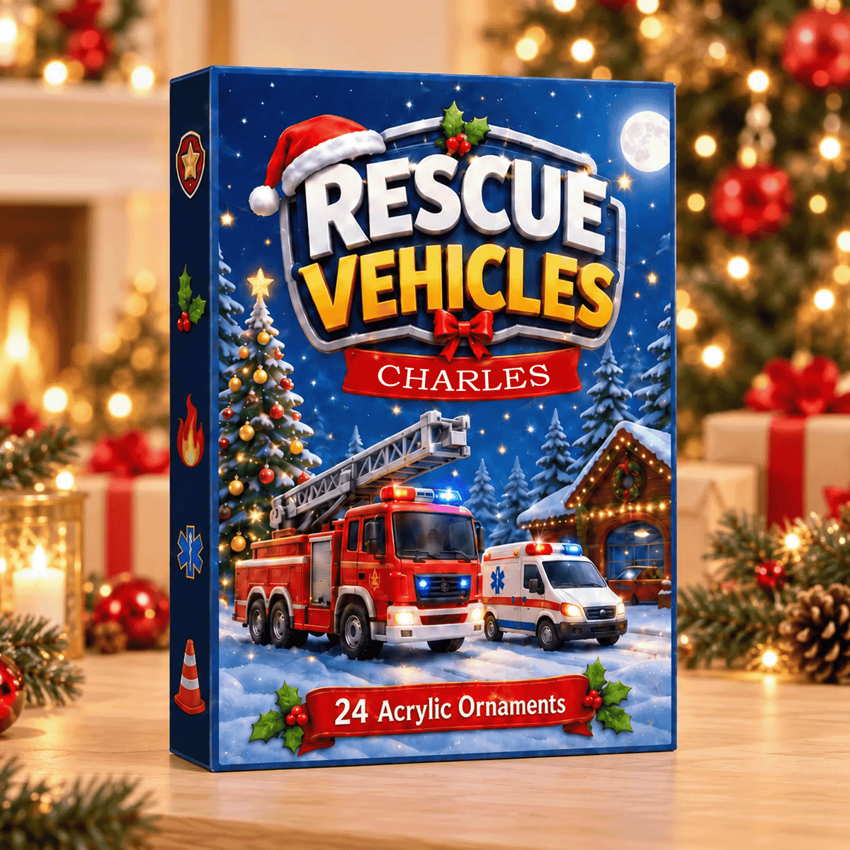 Personalized Rescue Vehicles Christmas Advent Calendar – 24 Emergency Vehicle Acrylic Ornaments