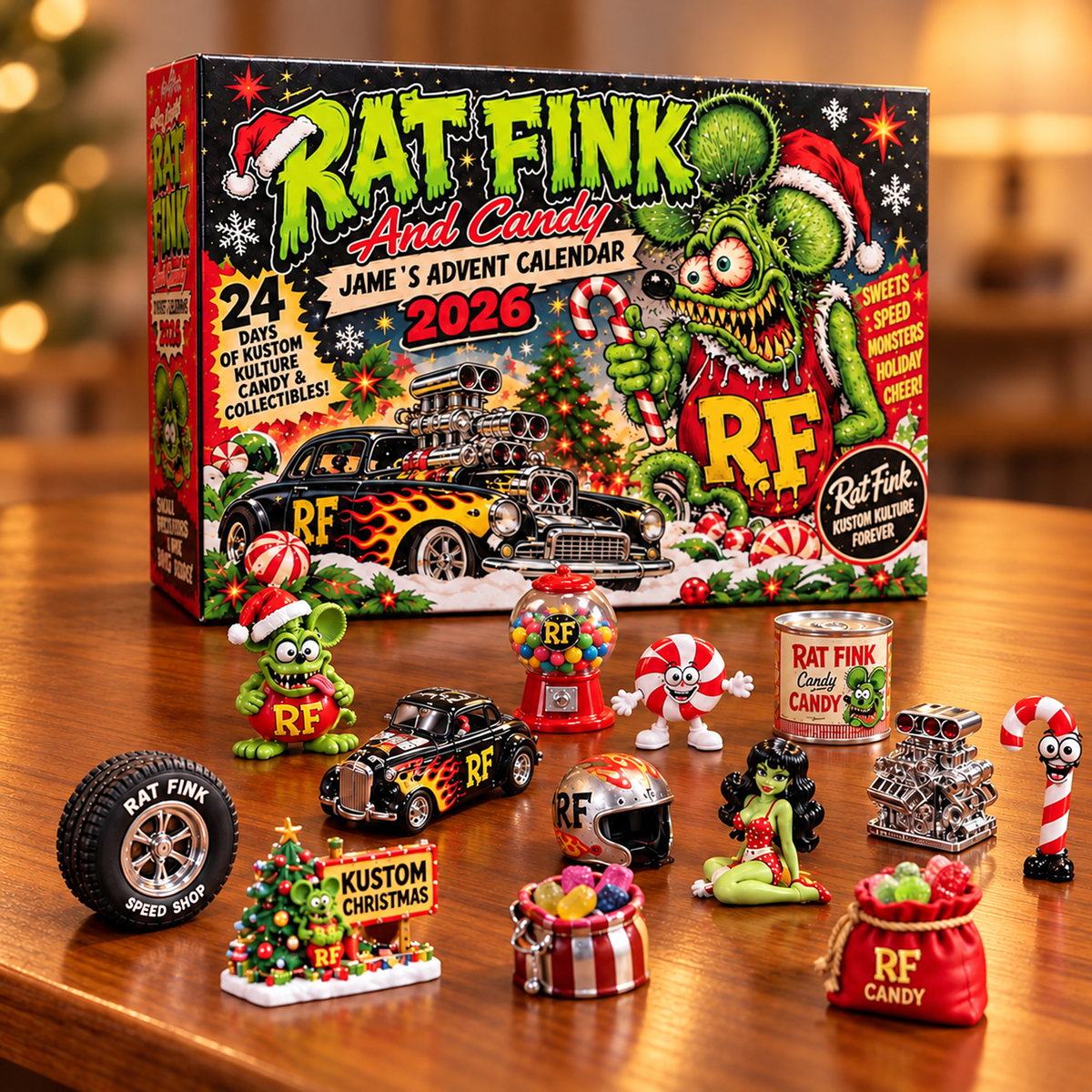 Personalized Rat Fink Christmas Advent Calendar With Custom Name, 24 Kustom Culture Collectibles
