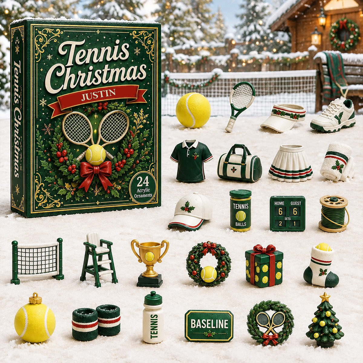 Personalized Tennis Christmas Advent Calendar – Custom Name 24-Day Tennis Ornaments Gift