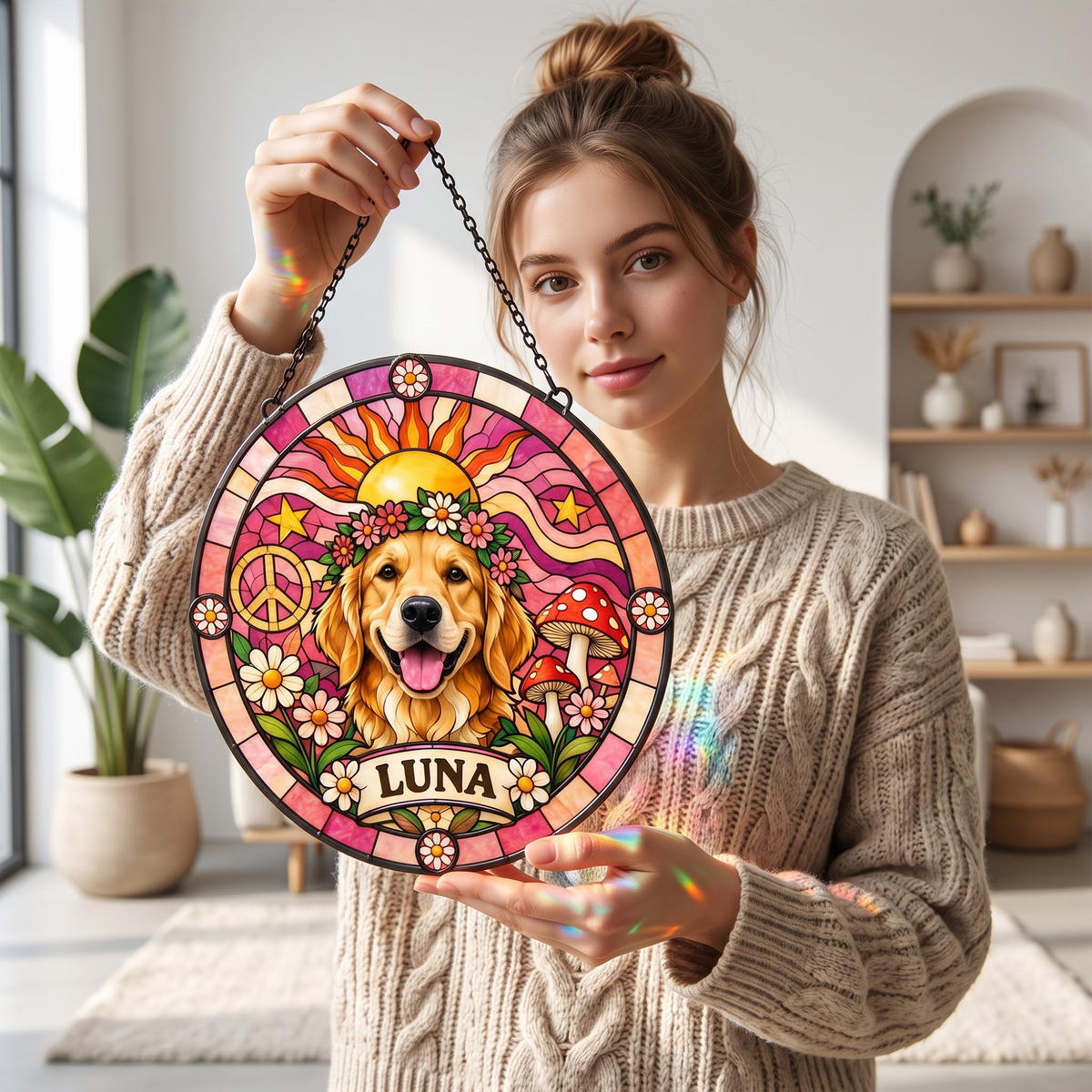Personalized Pet Portrait Hippie Stained Glass Suncatcher – Custom Pet Name, Floral Peace Window Hanging Gift