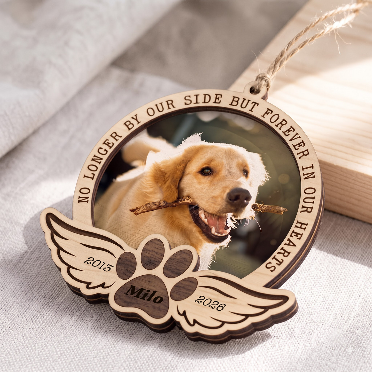 Personalized Pet Memorial Photo Ornament With Custom Name & Dates, Forever In Our Hearts Christmas Keepsake