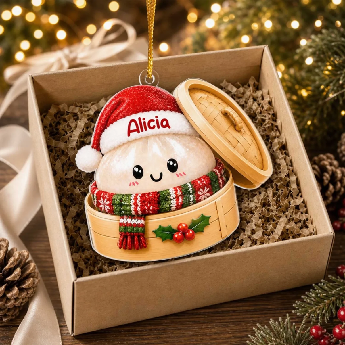 Squishy Dumpling Christmas- Personalized Acrylic Ornament, Cute Food Christmas Holiday Gift