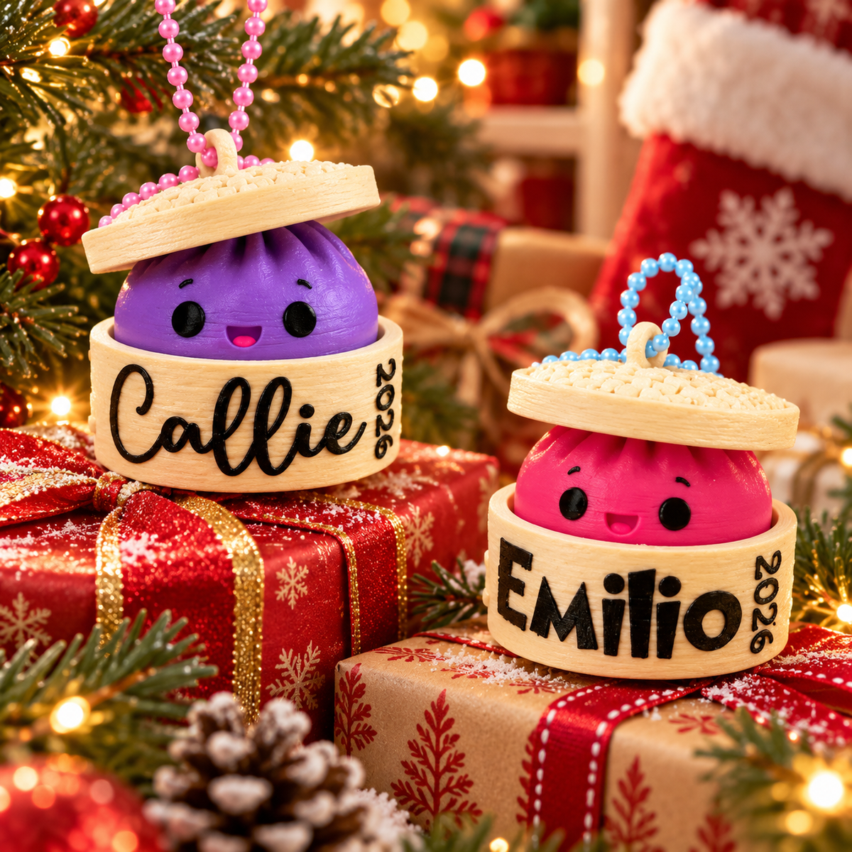 Personalized Dumpling Clicker Christmas Ornament – Custom Name 3D Printed Fidget Toy, Cute Interactive Holiday Gift