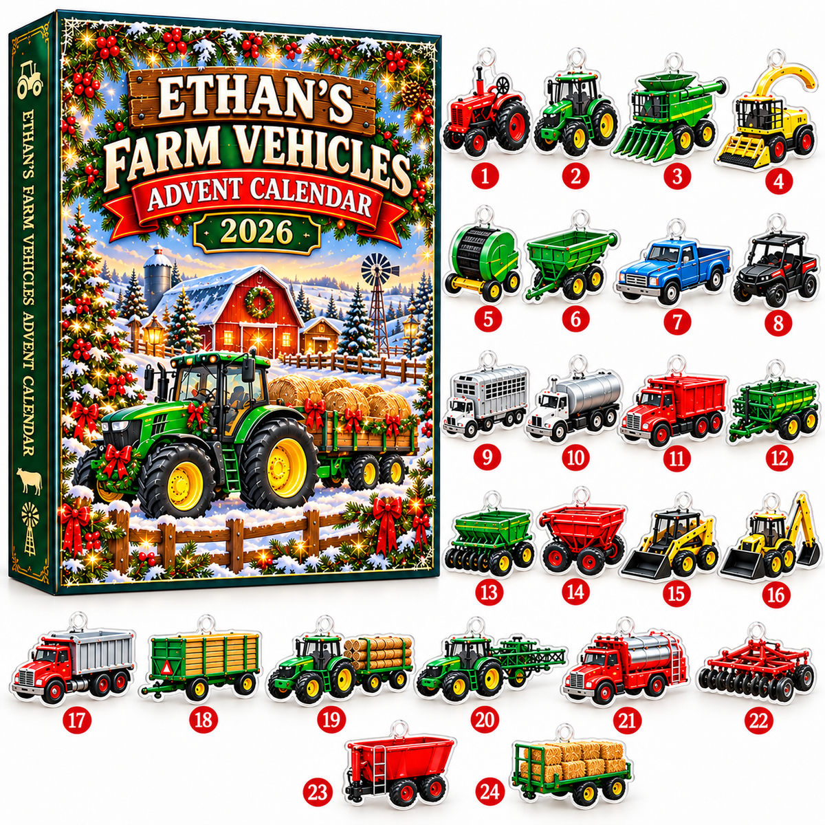 Personalized Farm Vehicles Advent Calendar 2026 – 2D Acrylic Farm Tractor & Truck Ornaments, Christmas Countdown, Farmer Gift