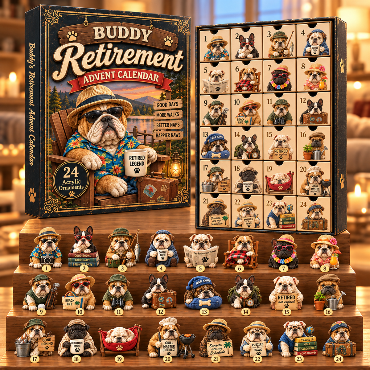 Personalized Bulldog Retirement Advent Calendar 2026 – Custom Name 24 Acrylic Ornaments Christmas Gift