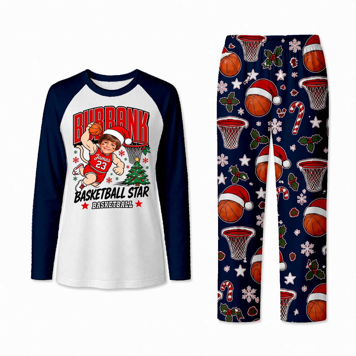 Personalized Custom Photo Basketball Star Christmas Matching Family Pajamas