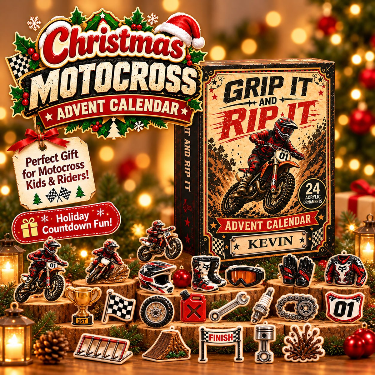 Personalized Motocross Christmas Advent Calendar With Custom Name, 24 Acrylic Ornaments