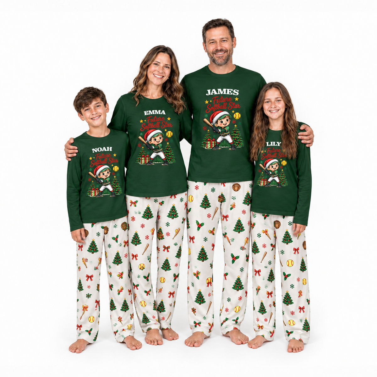 Personalized Softball Christmas Pajamas Custom Name Family Matching Holiday Pajama