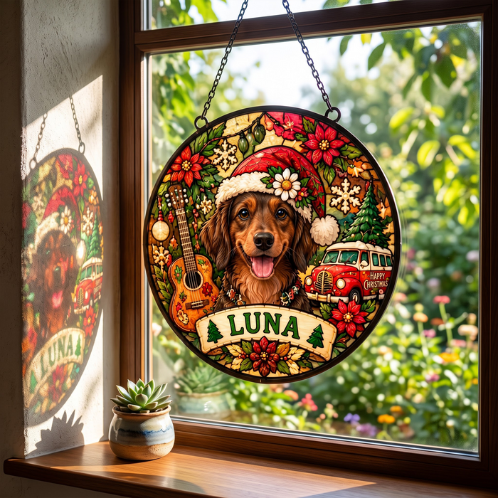 Personalized Hippie Christmas Pet Portrait Stained Glass Suncatcher – Custom Pet Name, Groovy Holiday Window Hanging Gift