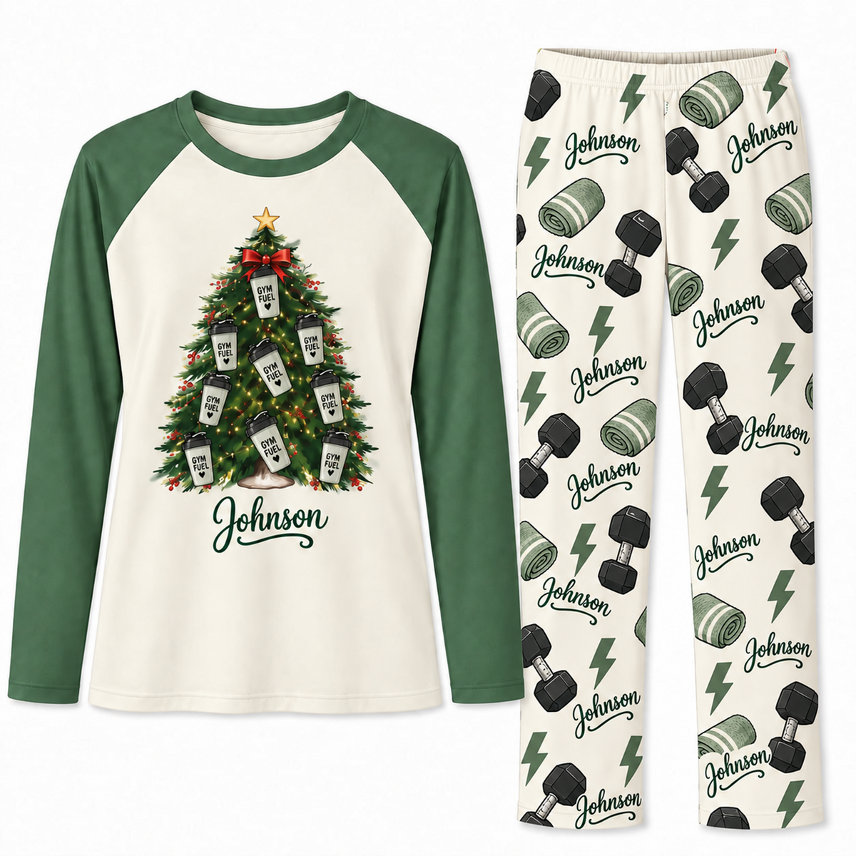 Personalized Name Gym Fuel Christmas Tree Matching Pajamas