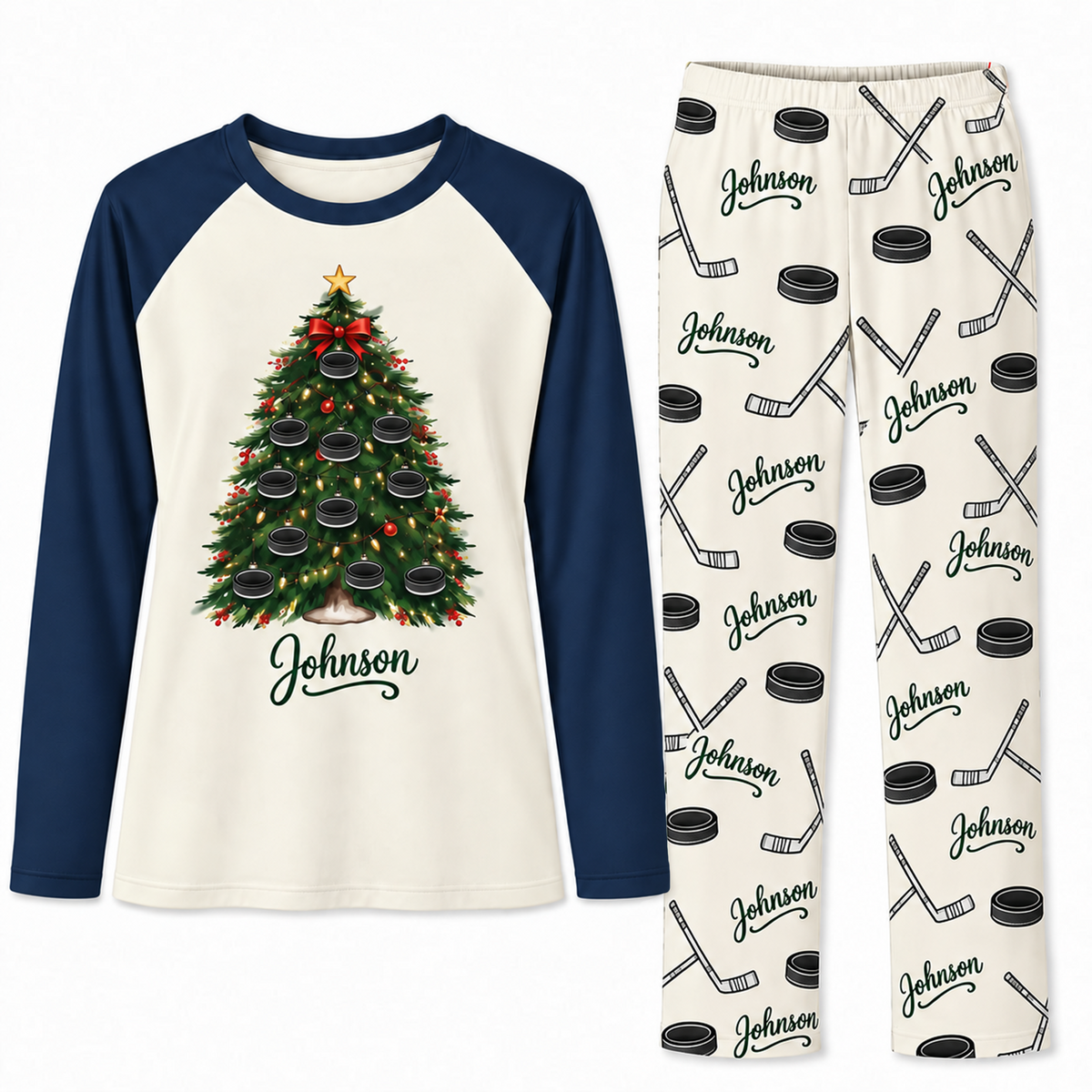 Custom Name Ice Hockey Christmas Tree Matching Pajama Sets