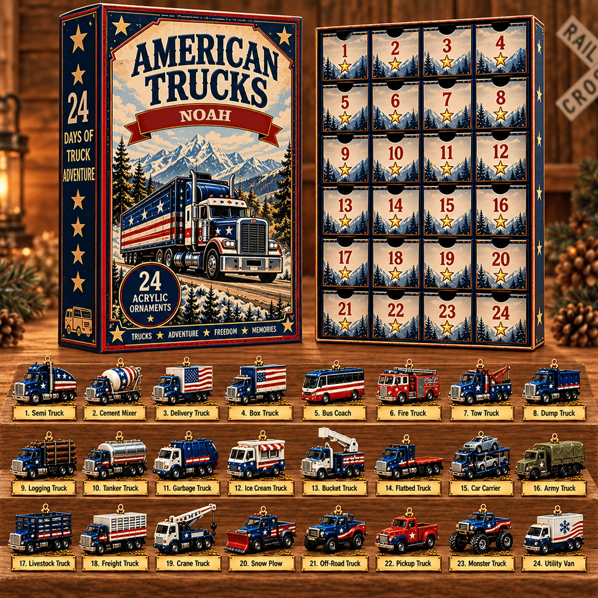 Personalized American Trucks Advent Calendar β Custom Name 24-Day Truck Christmas Countdown Gift
