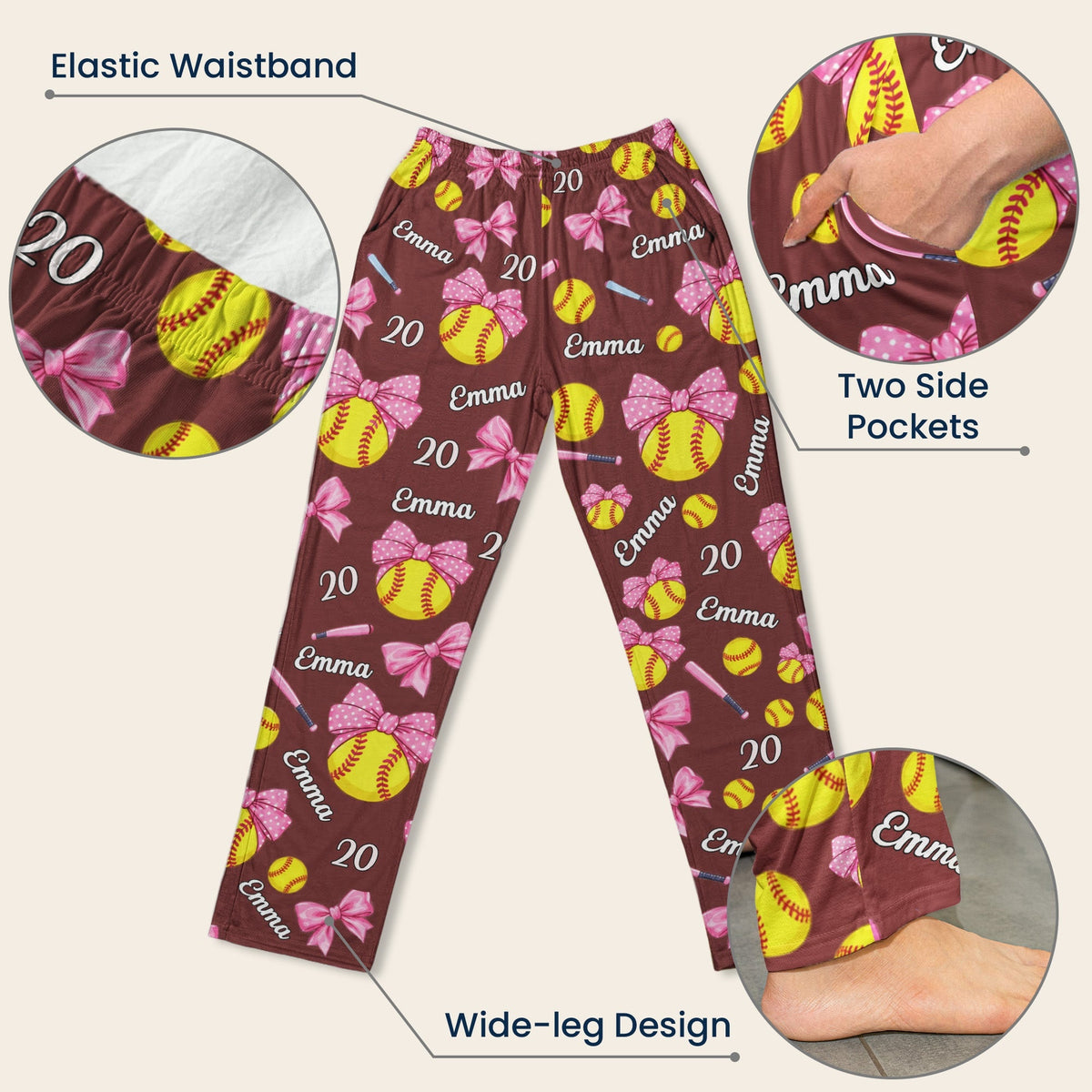 Personalized Softball Name & Number Lounge Pants, Custom Softball Pajama Pants for Girls & Players
