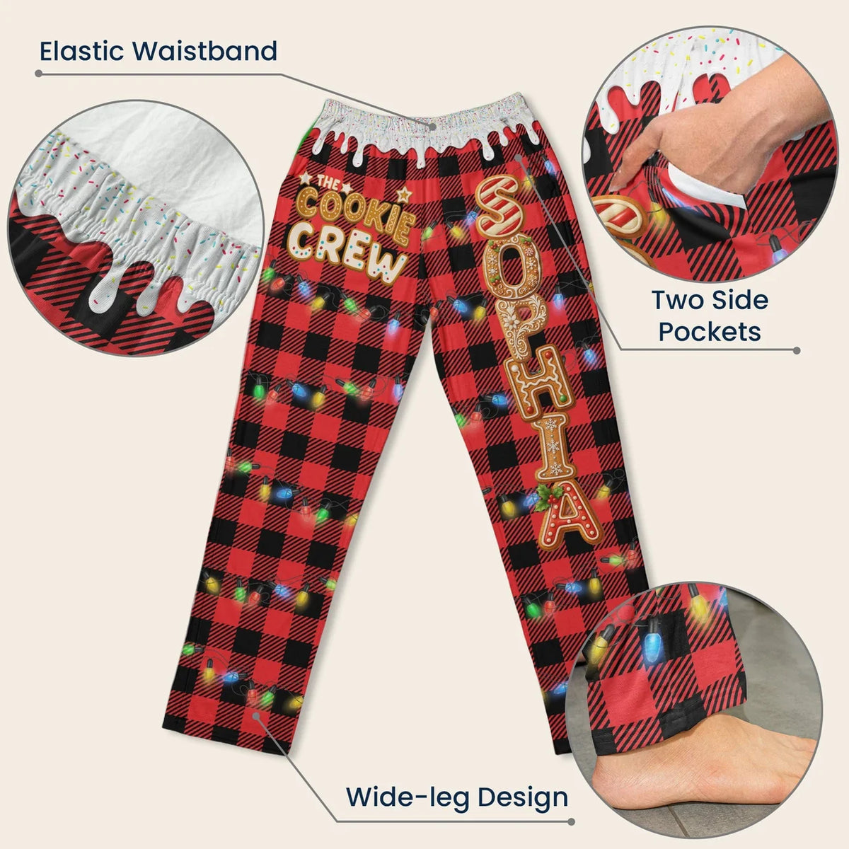 Personalized Christmas Cookie Crew Lounge Pants – Custom Name Buffalo Plaid Pajama Pants