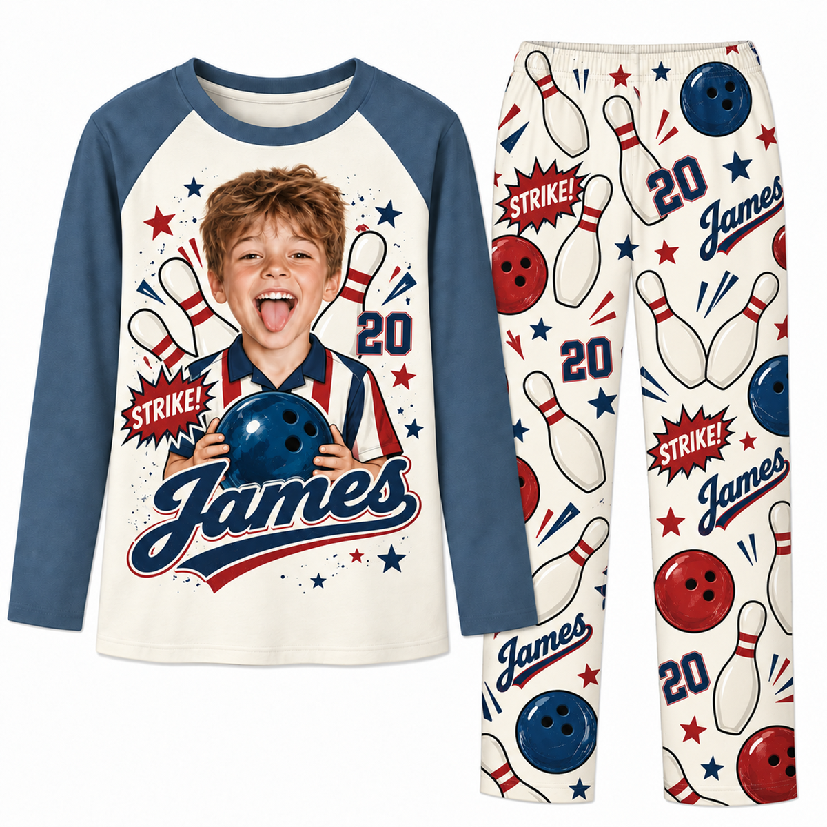 Custom Photo Name & Number Cute Bowling Lover Matching Family Pajamas