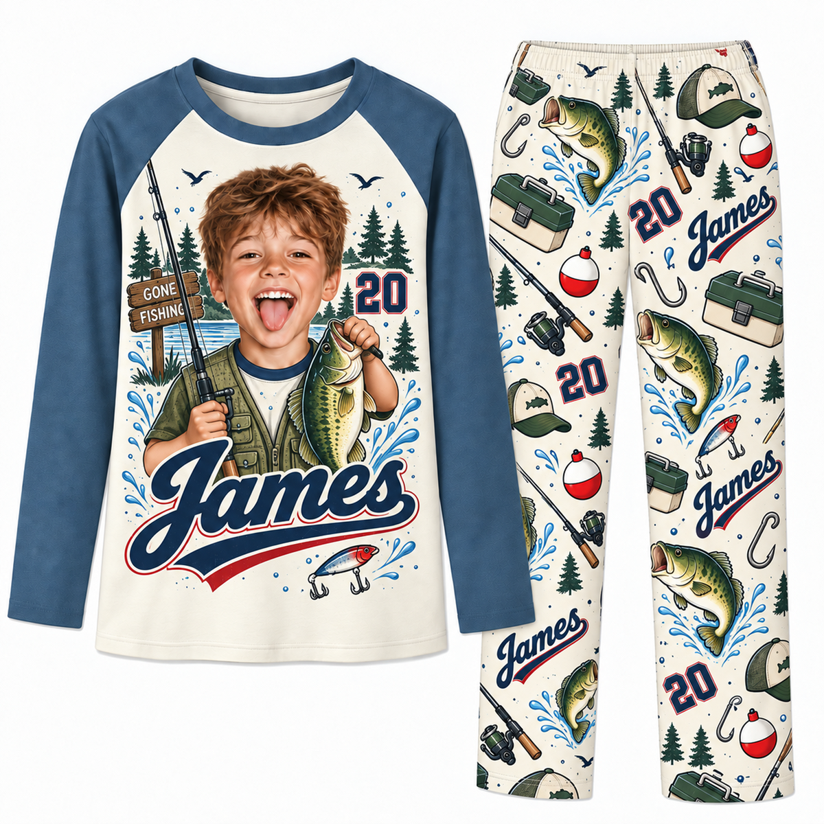 Upload Photo Personalized Fishing Dad & Kids Matching Family Pajamas