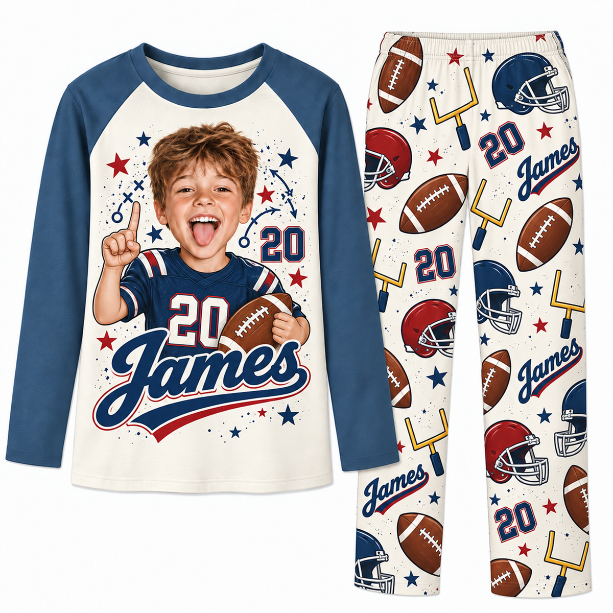 Personalized Face Name & Number Football Lover Matching Family Pajamas