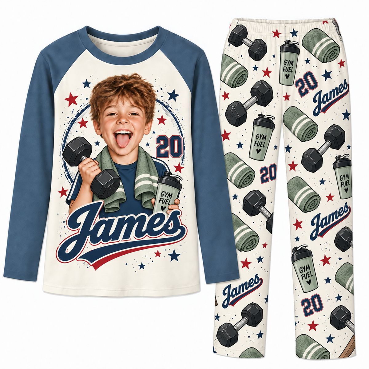 Upload Photo Personalized Gym Lover Name & Number Pajama Sets