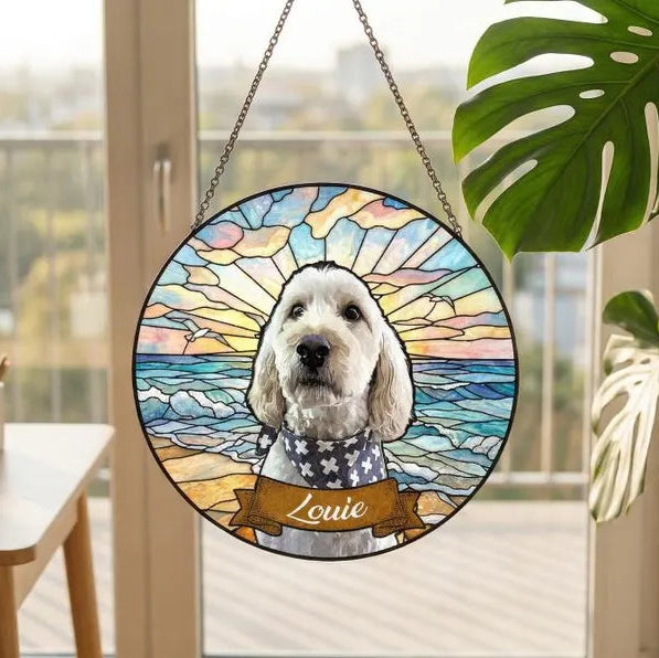 Personalized Dog Memorial Stained Glass Suncatcher – Custom Dog Portrait From Photo, Pet Loss Sympathy Keepsake Gift