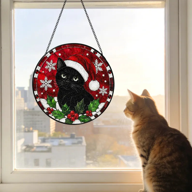 Festive Black Cat Christmas Stained Glass Suncatcher – Cute Cat Window Hanging Ornament, Holiday Decor & Gift for Cat Lovers