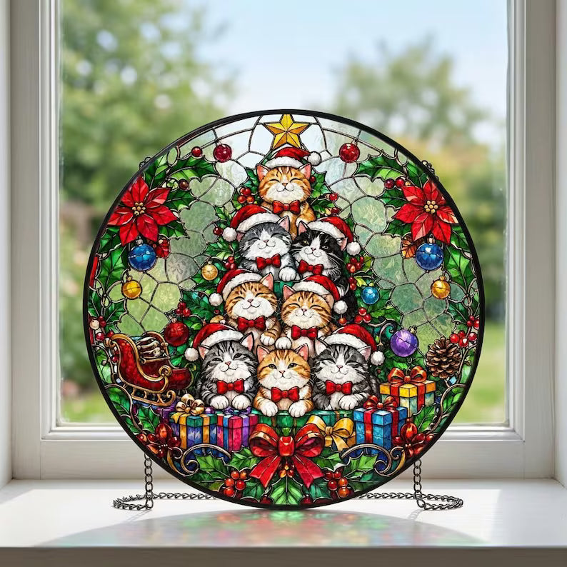 Festive Cat Christmas Tree Stained Glass Suncatcher – Cute Cat Window Hanging Ornament, Christmas Gift for Cat Lovers