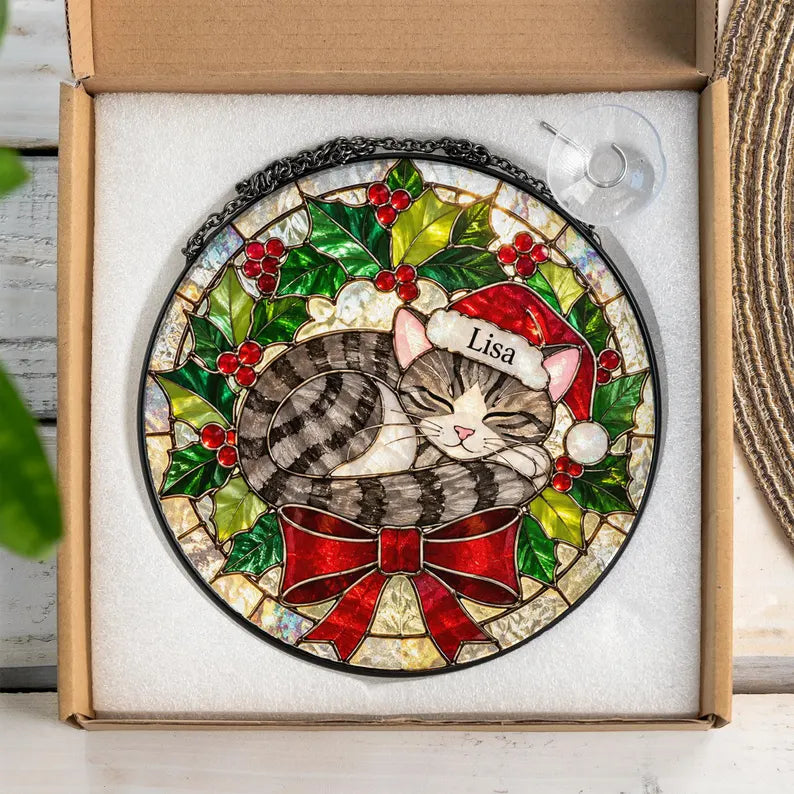 Personalized Christmas Cat Stained Glass Suncatcher – Custom Cat Portrait With Name & Santa Hat, Holiday Gift for Cat Lovers