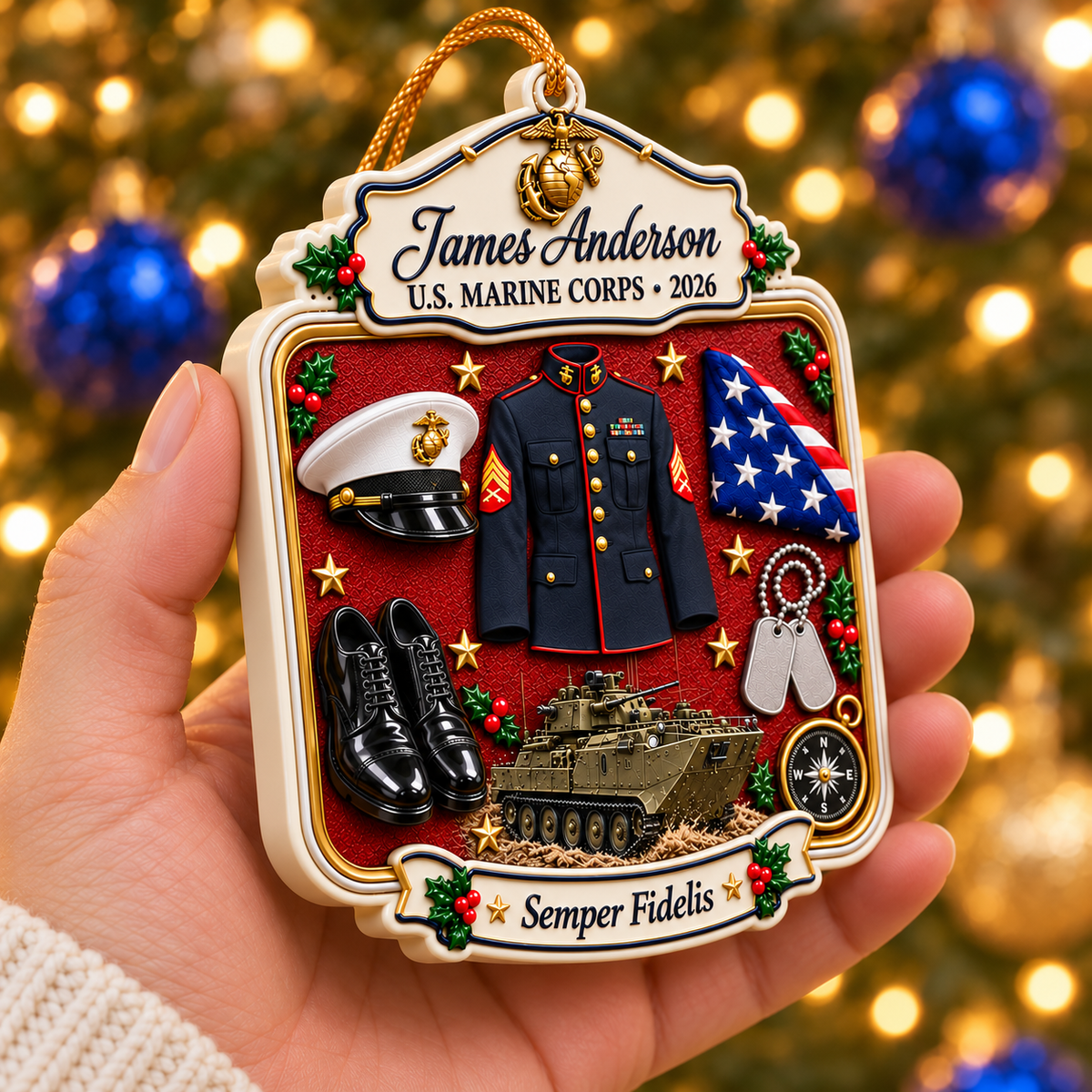 Personalized 3D Raised Acrylic US MARINE CORPS Custom Name Ornament