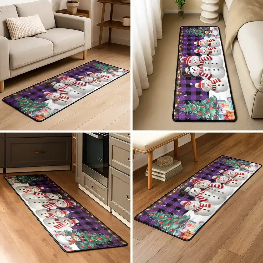 Snowman Family Christmas Plaid Pattern - Personalized Runner Rug
