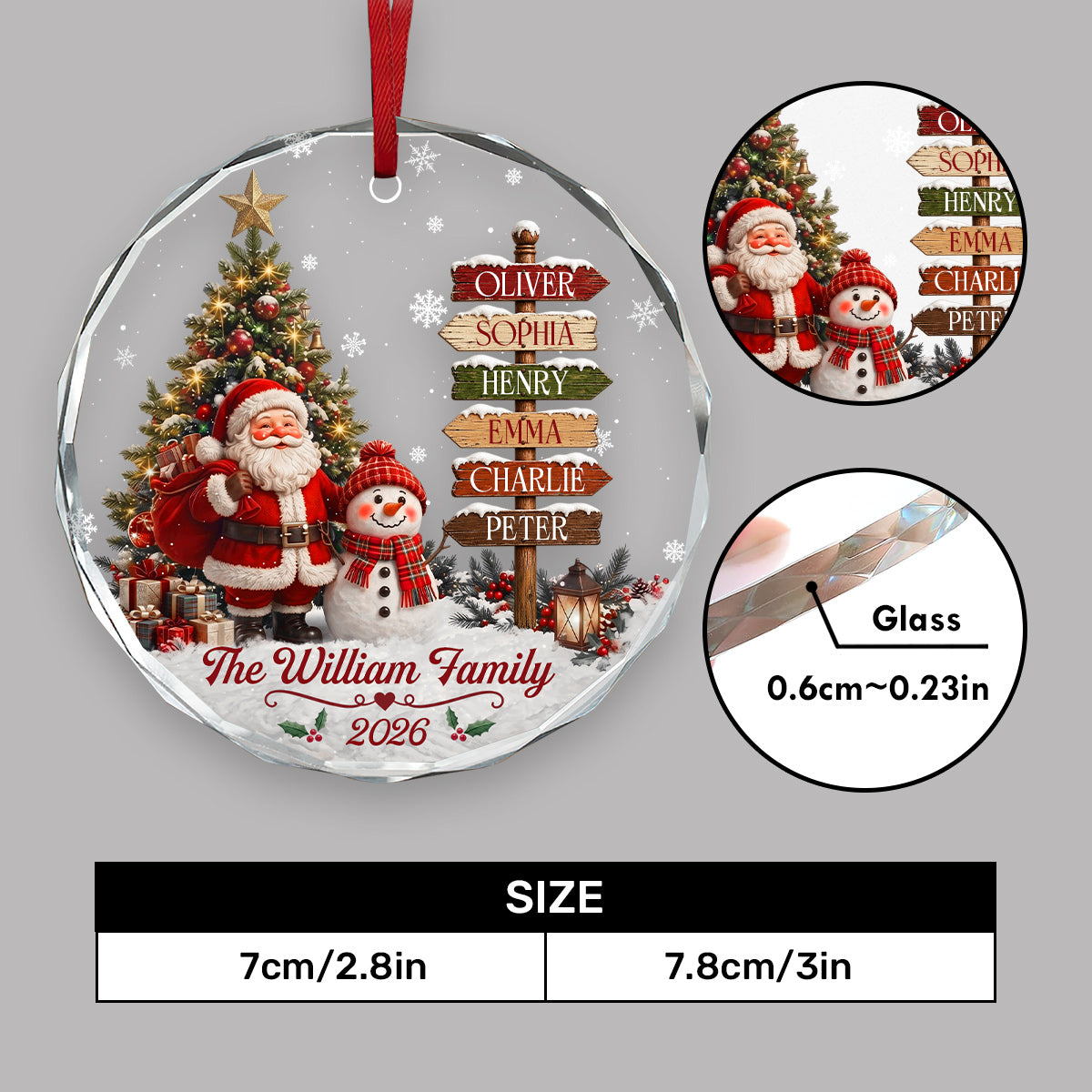 Family Christmas Santa Snowman - Personalized Round Shaped Glass Ornament