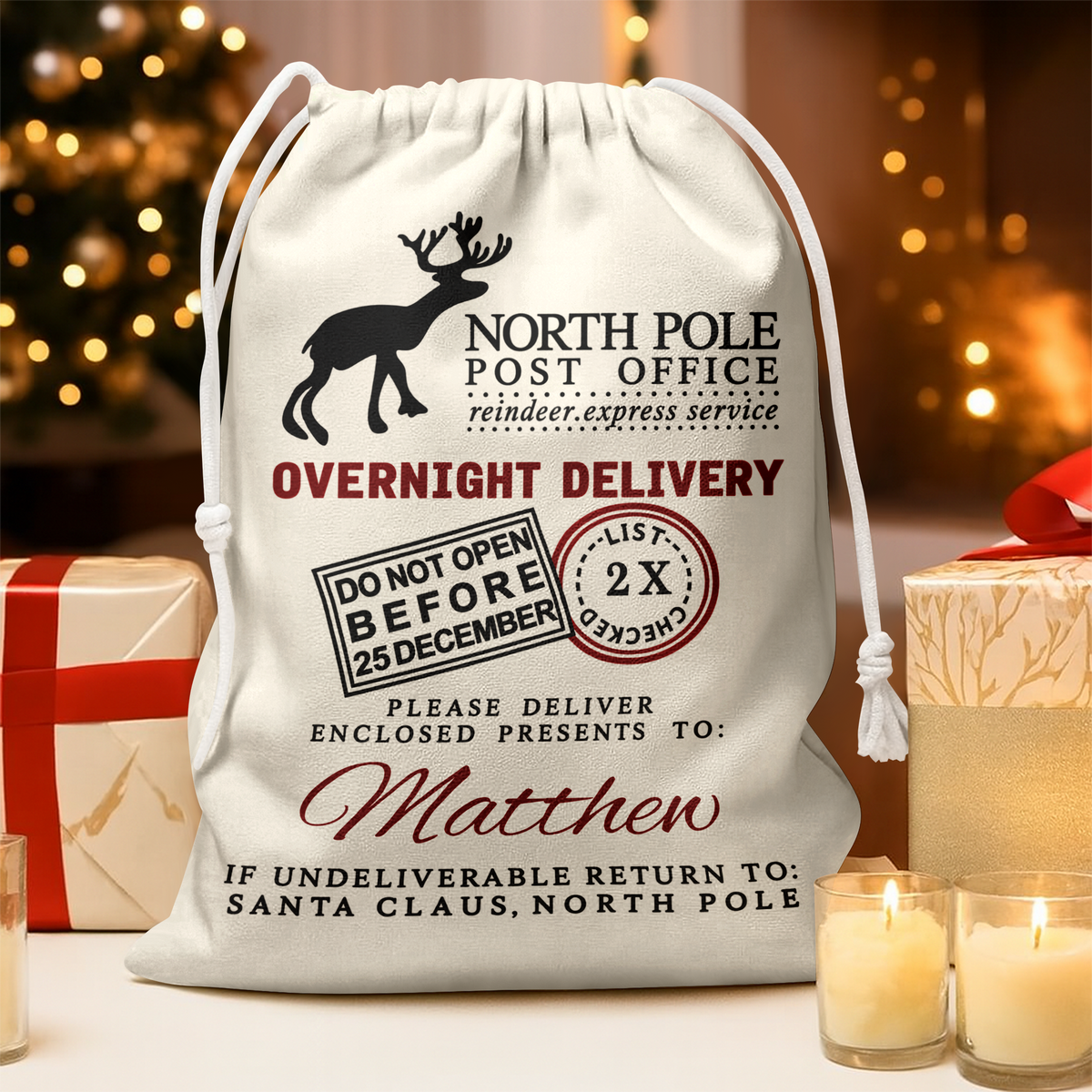 Custom Name North Pole Post Office Christmas Sack, Personalized Holiday Gift Bag TH10 171401