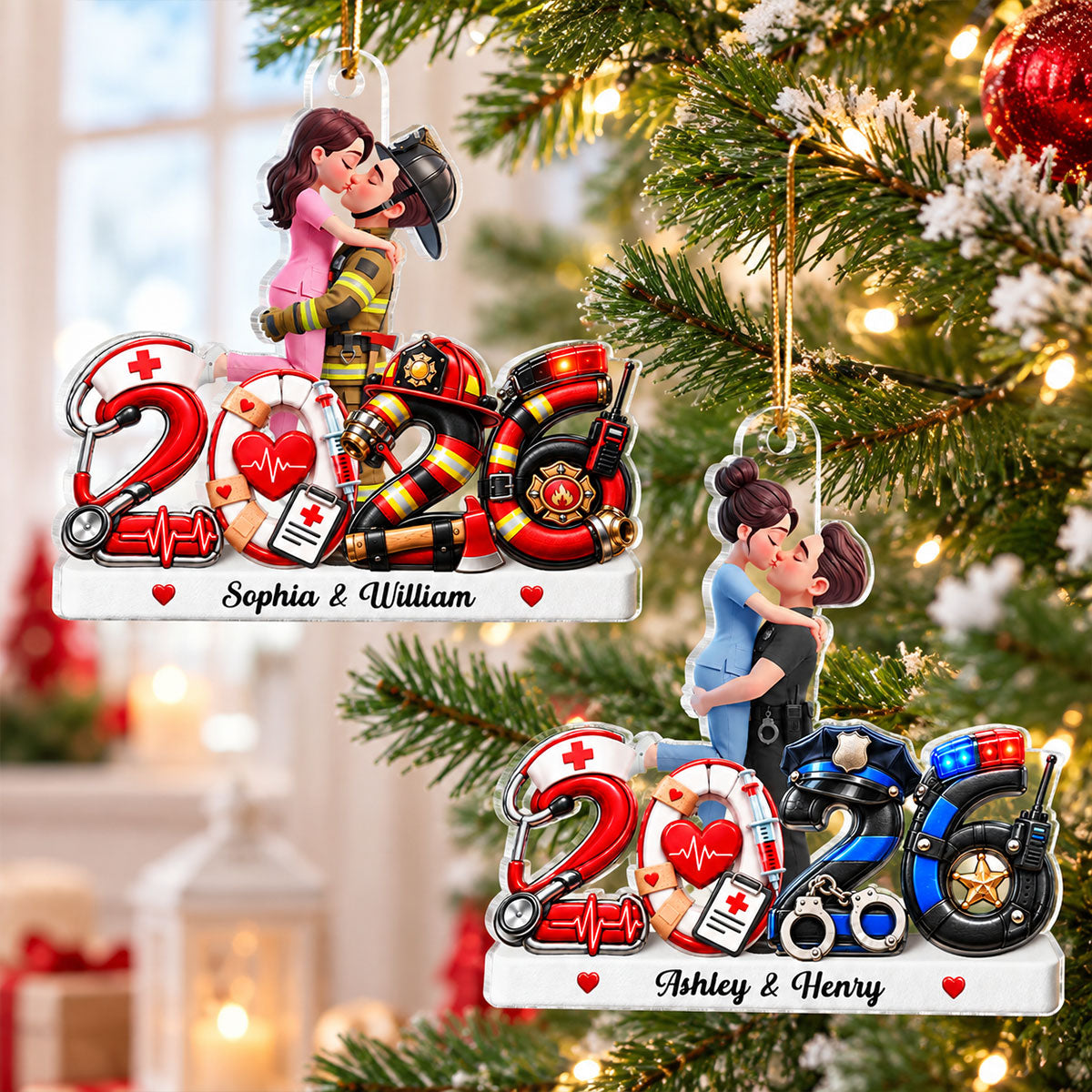 Hero Police Firefighter Nurse Couple - Personalized Acrylic Ornament - Christmas Gift For Him, For Her, Husband, Wife