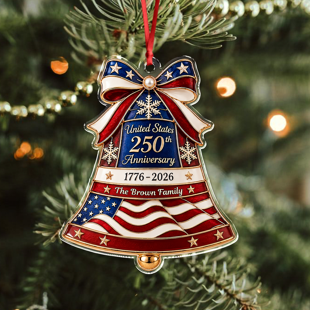 Custom Family Name USA 250th Anniversary Liberty Bell Acrylic Ornament Christmas Tree Decor, Patriotic Keepsake Gift HA75 919354