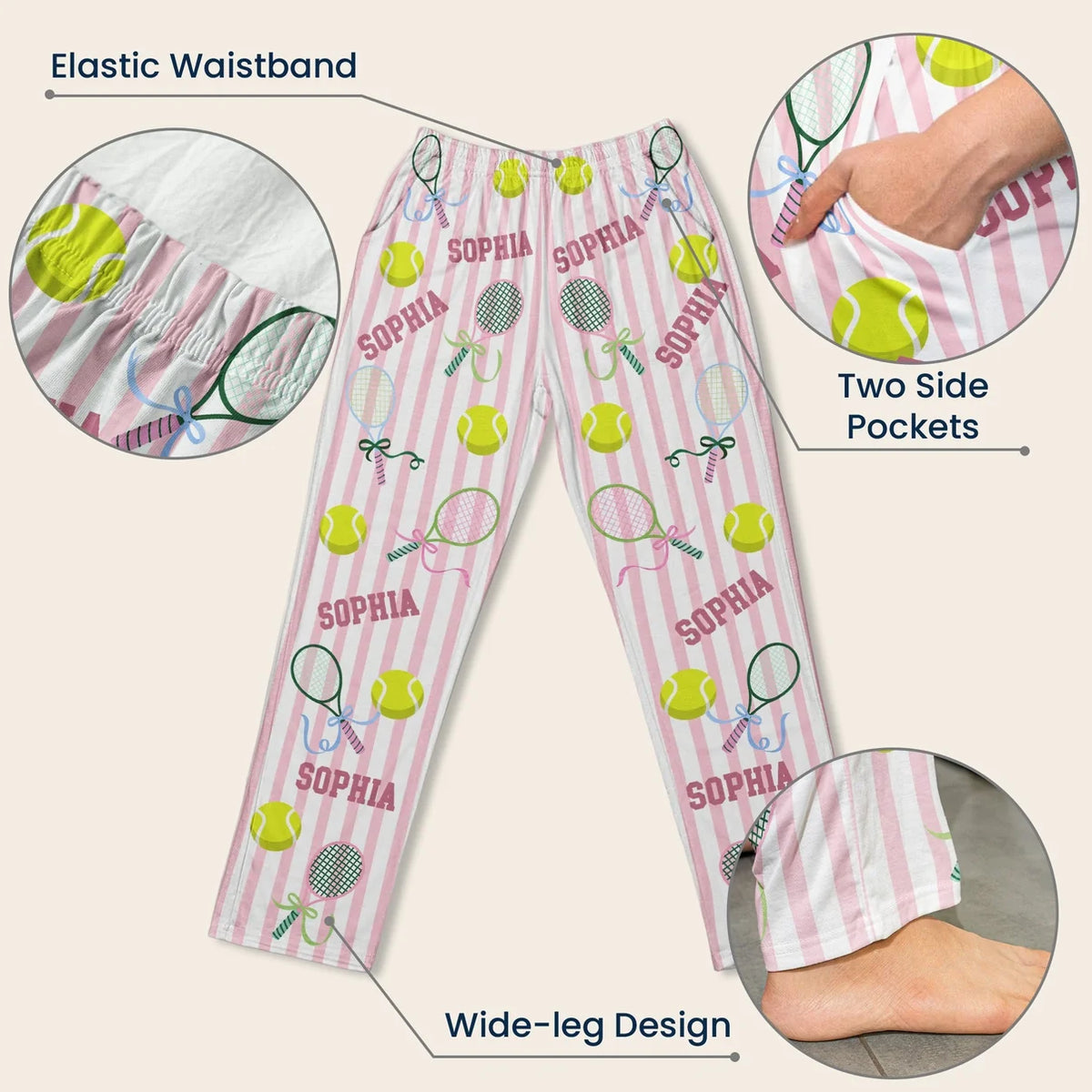 Personalized Tennis Name Lounge Pants – Custom Tennis Pajama Pants For Girls, Women & Tennis Players
