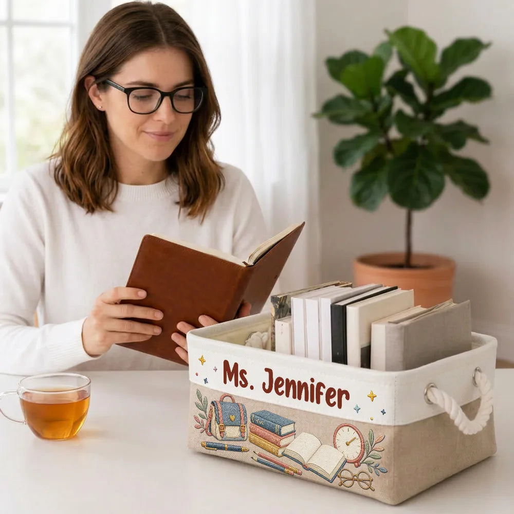 Personalized Rope Basket with Pink Book Art for Classroom or Home Office, Creative Gift for Teachers Who Love Reading