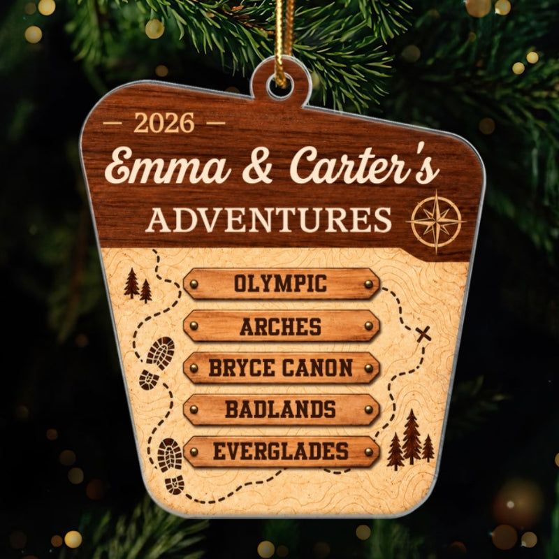National Park Adventures - Personalized Acrylic Ornament - National Parks Adventure Lovers, National Park Trip Keepsake, Couple Traveling Christmas Gift
