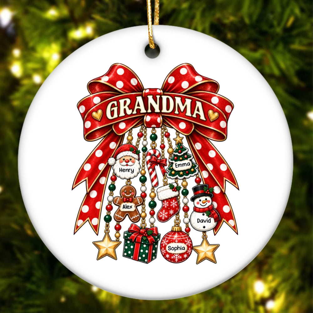 Grandma Retro Christmas Charm Bow - Personalized Ceramic Ornament - Trendy Christmas Ornament for Grandma