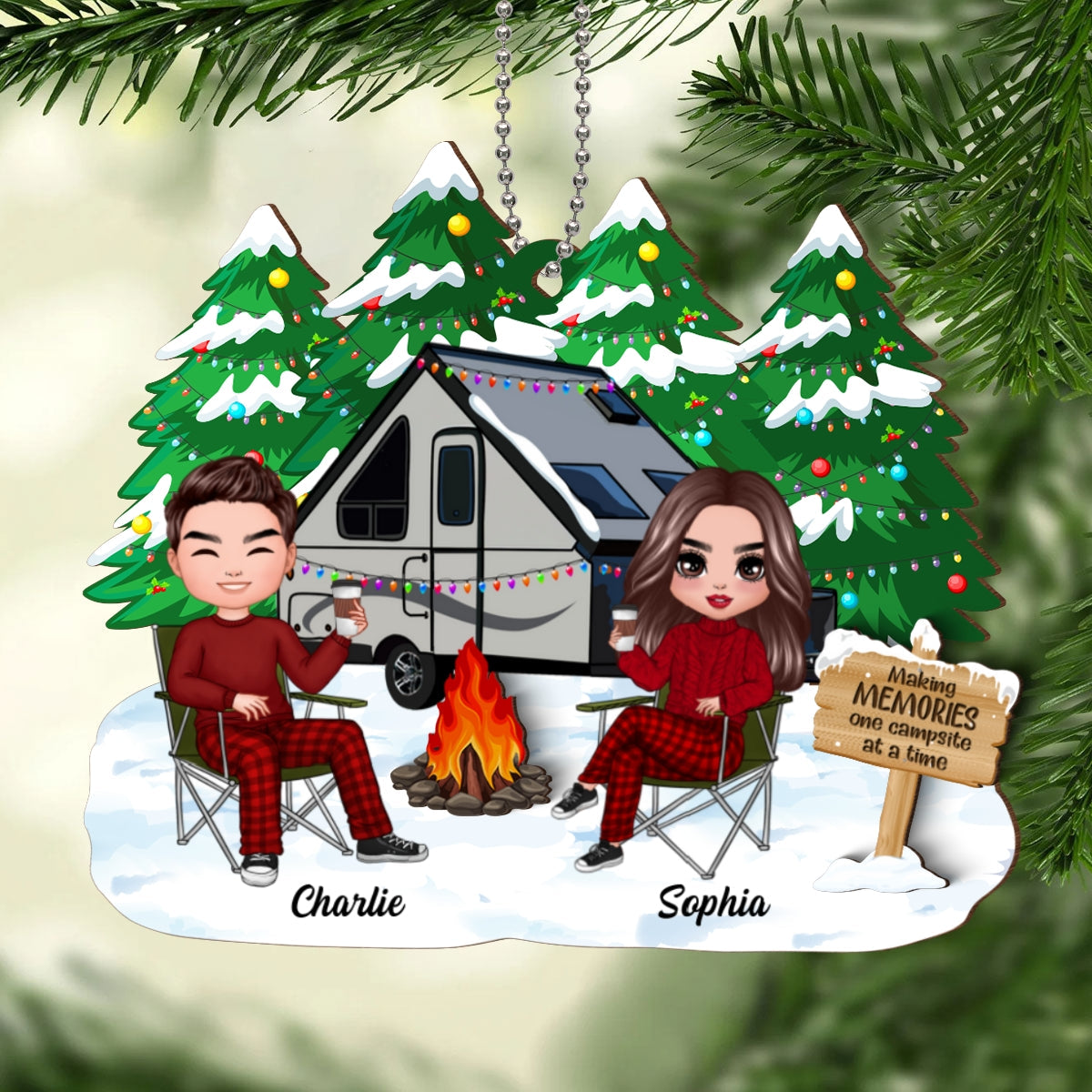 Camping Couple Christmas Personalized 2-Layer Wooden Ornament