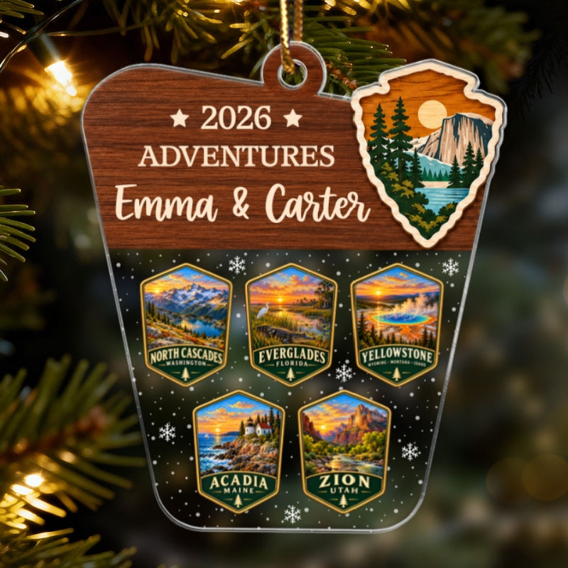 Custom National Parks Adventures - Personalized Acrylic Ornament - National Parks Adventure Lovers, National Park Trip Keepsake, Couple Traveling Christmas Gift