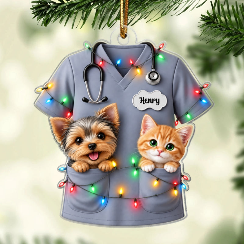 Christmas Vet Scrubs With Pets - Personalized Acrylic Ornament - Veterinarian Christmas Gift